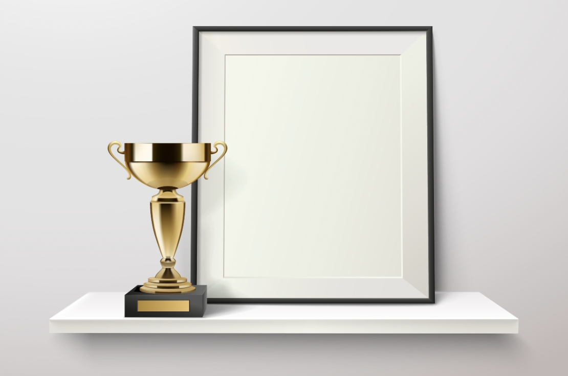 Award plaque next to a trophy cup.